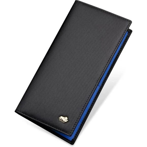 Men's Bifold Long Wallet Card Blue Real Leather Zipper Coin Pocket Design