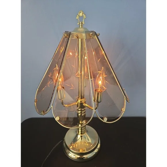 Vtg 8 Panel Touch Lamp Light Flowers Etched Smoked Glass Gold Tone Working 22