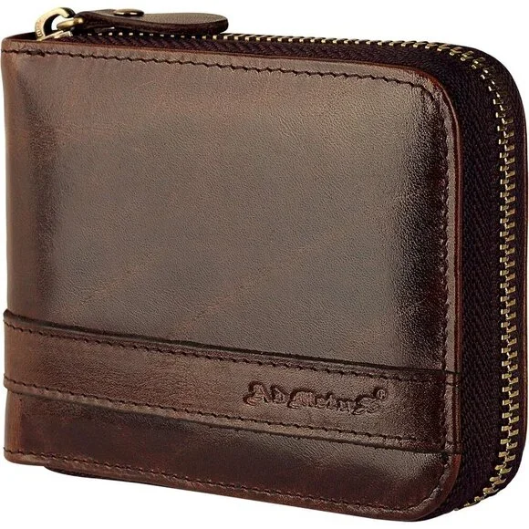 Men's Genuine Leather Brown181 Short Zip Around Pockets Bifold Wallet Card