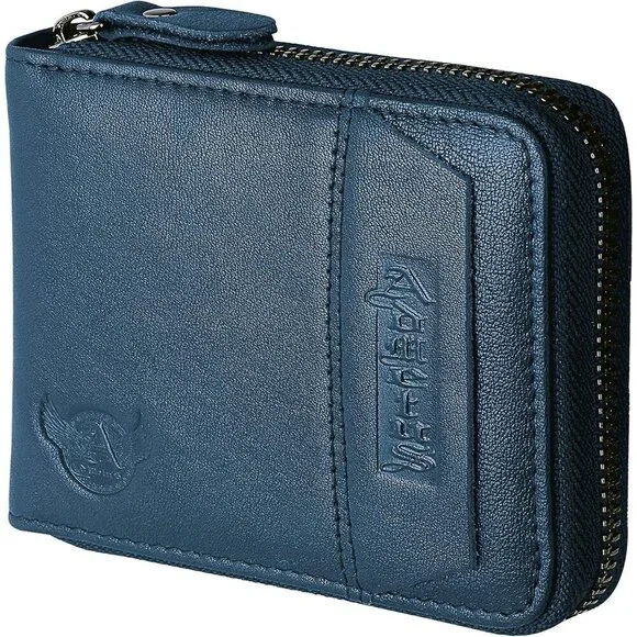 Men's Genuine Leather Navy Blue Short Zip Around Pockets Bifold Wallet Card