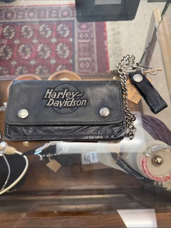 Harley-Davidson Black Leather Chain Biker Wallet with Embossed Logo