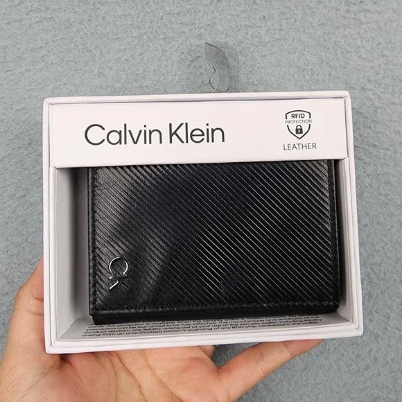 Calvin Klein Wallet Mens One Size Black Leather RFID Bifold Stripe Logo Gift Box