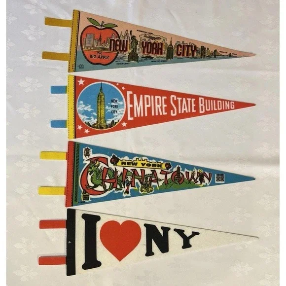 4 Vintage New York City Souvenir Pennants  Retro Chinatown ,Dragon , Skyline