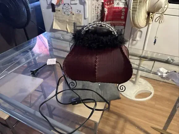 Purse Table Lamp Light Vintage Brown Faux Fur Top Beaded Handle Retro 11.5