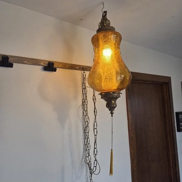 Vintage MCM Amber Crackle Glass Swag Lamp Light Pendant Diffusser