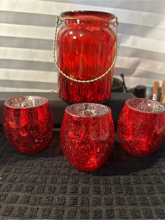 Red Glass Lantern Vase with Handle - Unbranded