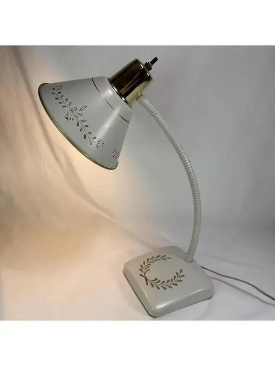 Mid Century 1950's Decorated White French Tole Gooseneck Lamp Ornate Deco Works