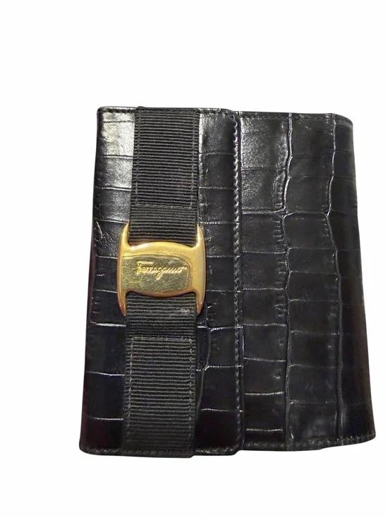 Salvatore Ferragamo Vintage Black Croc-Embossed Vera BiFold Wallet