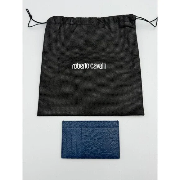 NEW Roberto Cavalli Card Holder Men's Blue Grained Leather Fashion Luxury Wallet