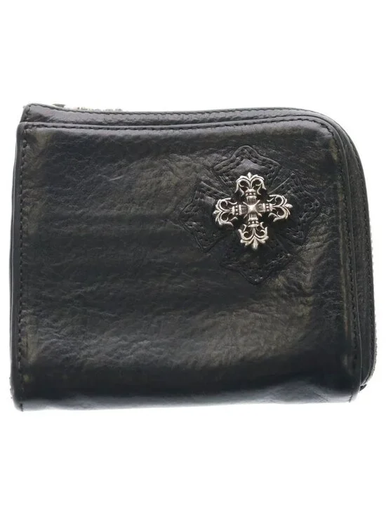 Chrome Hearts Filigree Cross Half Zip Leather Wallet Black Silver
