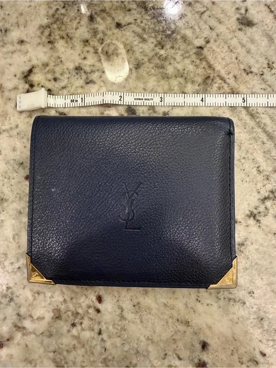 Yves Saint Laurent Navy Blue Leather Bifold Wallet with Gold Corners
