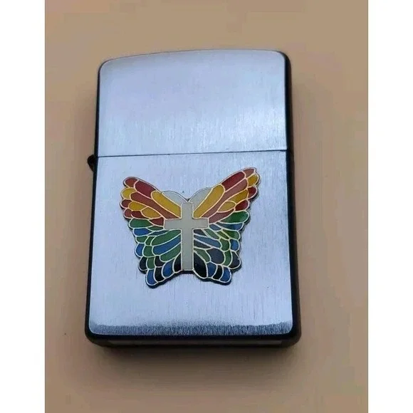 Zippo Lighter With A Rainbow Butterfly With Cross Medallion Silver And Black