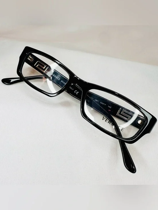 Versace Glossy Black Rectangular Glasses with Silver Logo Accents