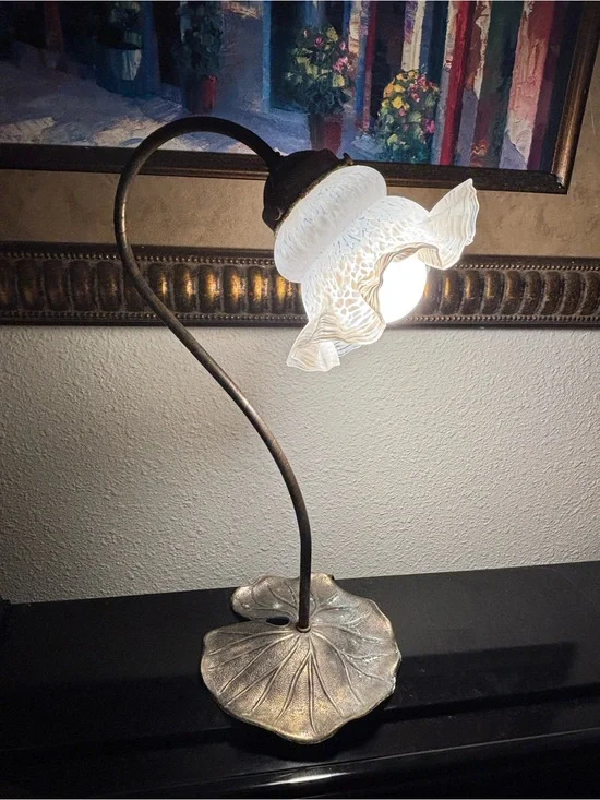 Vintage Glass Shade Table Lamp with Leaf Base