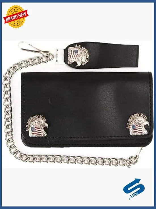 Men's Leather Bi-Fold Biker Wallet with Removable Chain