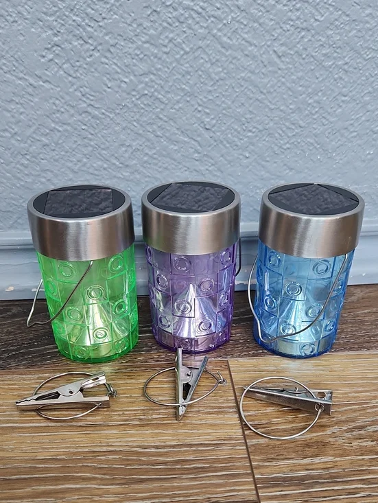 3 Mini Hanging Solar Lights Lanterns Blue Purple Green