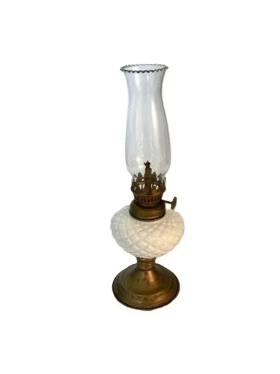 Vintage Mini Milk Glass Oil Lamp Diamond Pattern Base Ruffled Chimney 9.75