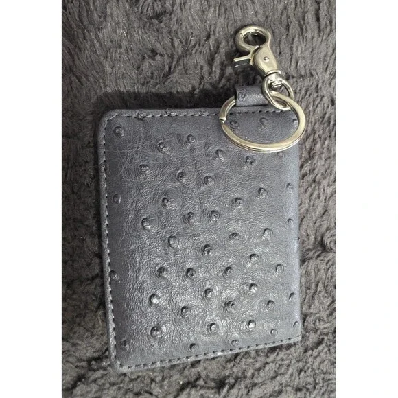 New CAPRICE Ostrich Grey Leather Keychain ID Holder WALLET Metropolitan NwoT