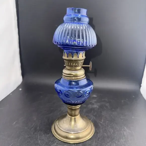 Vintage Hong Kong Cobalt Blue Glass Mini Oil Lamp Kerosene Lamp Brass Base
