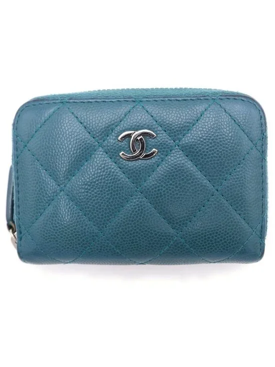 Chanel Quilted Caviar Leather Silver Coin Purse Compact Wallet Green