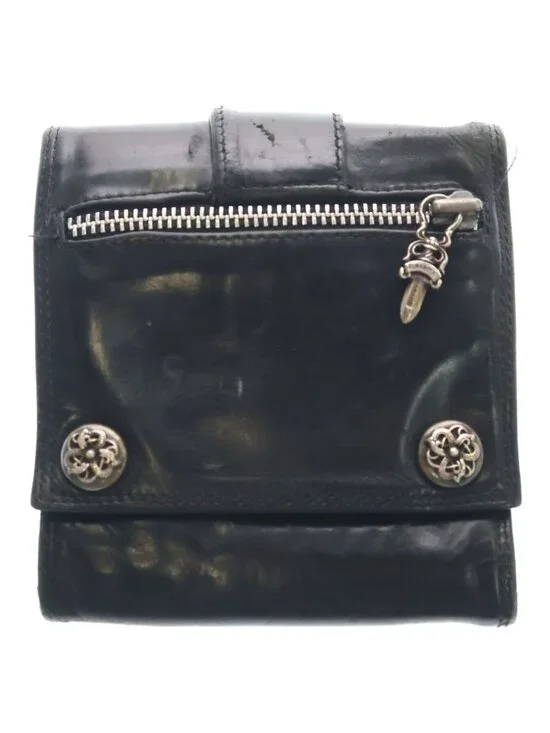 Chrome Hearts Large 3 Fold Celtic Button Dagger Zip Leather Wallet Black