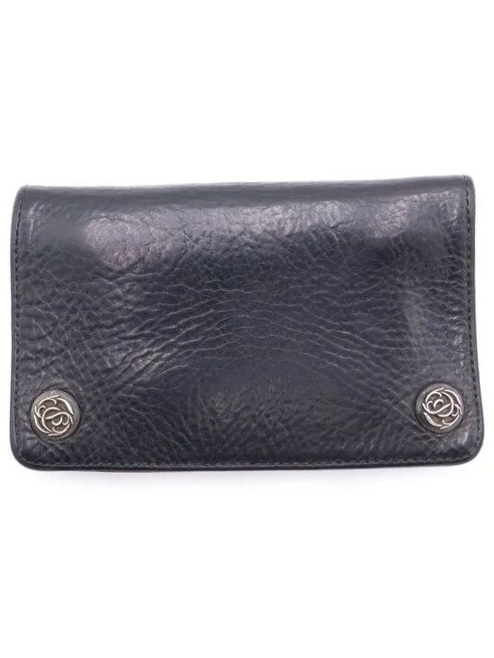 Chrome Hearts 1 Zip Wallet Floral Button Leather Compact Bifold Black Silver