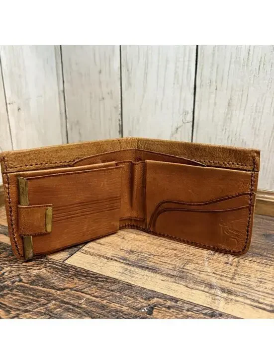 Vintage Ostrich Leather Men's Bifold Wallet w/Photo Folio Light Brown Handmade