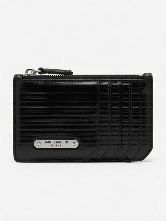 Saint Laurent Black Glossy Ridged Leather Card Case with Zip
