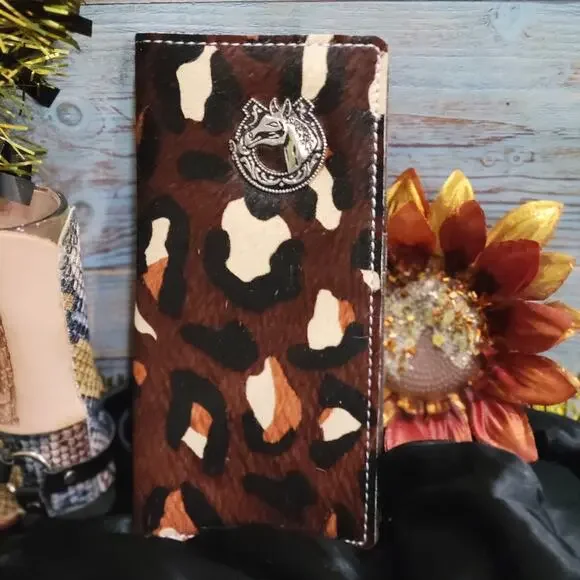 Horse Concho Mens Wallet Cowhide Long Bifold, Genuine Leather Wild Cat Print