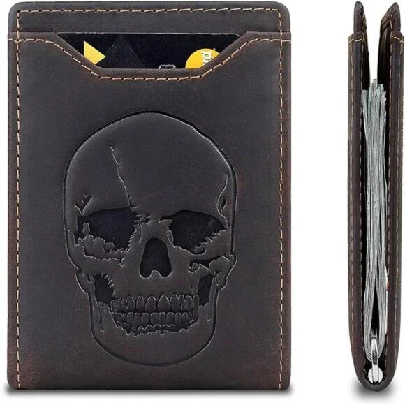 Men's Leather Skull Slim Wallet with Money Clip Minimalist Bifold