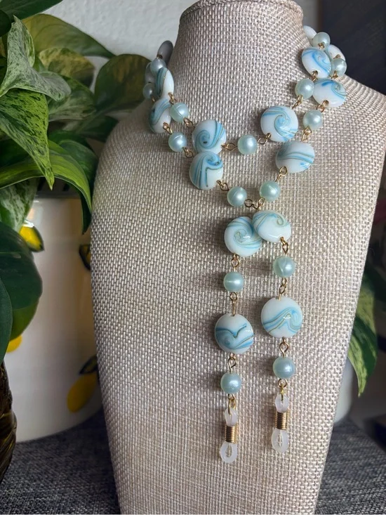 Handmade Aqua Swirl Beaded Eyeglass Chain with Faux Pearl Accents