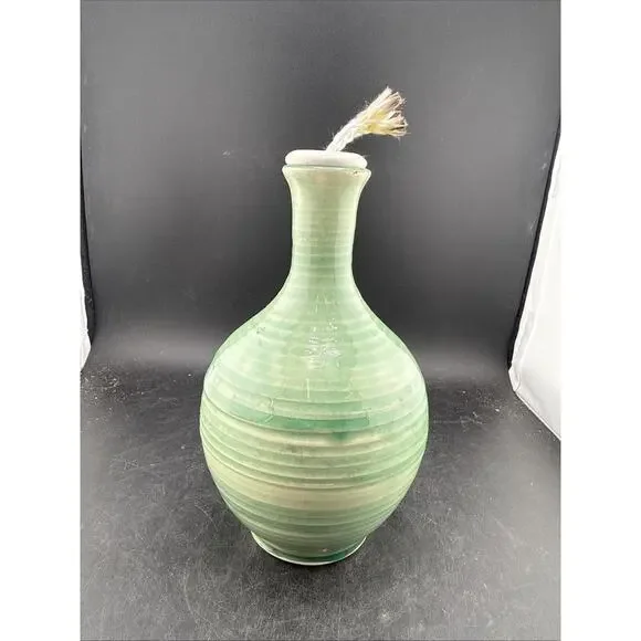 Hand Thrown Studio Pottery Oil Lamp Green Celadon Glaze Signed Dated 2006
