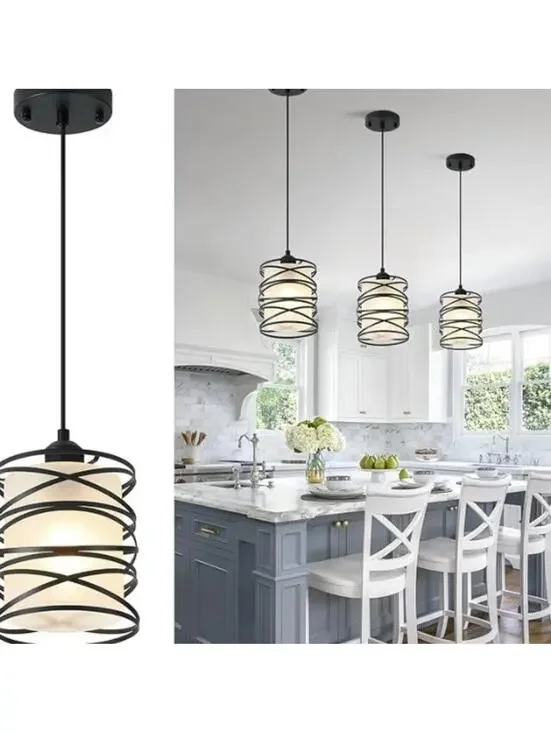 Modern Mini Pendant Light Fixture 3-Pack Black Spiral Cage Frosted Seeded Shades