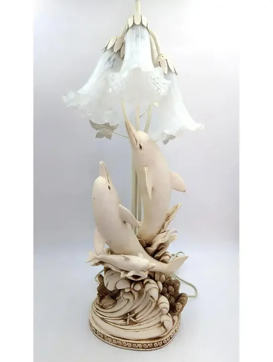 VTG Ceramic Sculpted 3D Dolphins Table Lamp 3 Lights Glass Tulip Shades 30