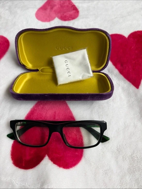 Gucci Black Frames with Green Temples and Purple Case