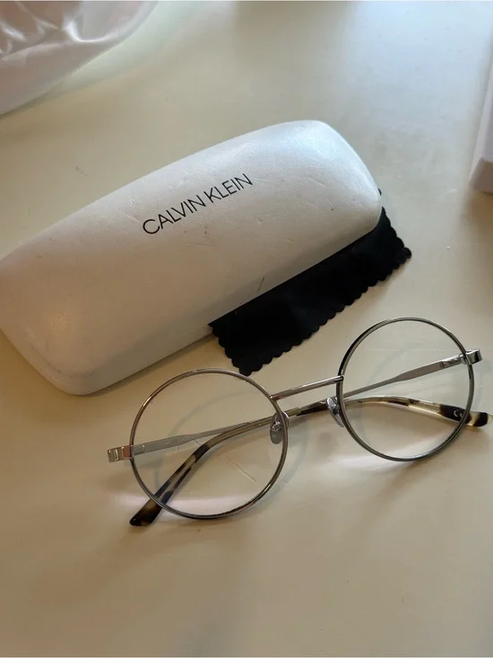 Calvin Klein Silver Round Metal Eyeglasses with Tortoiseshell Temples
