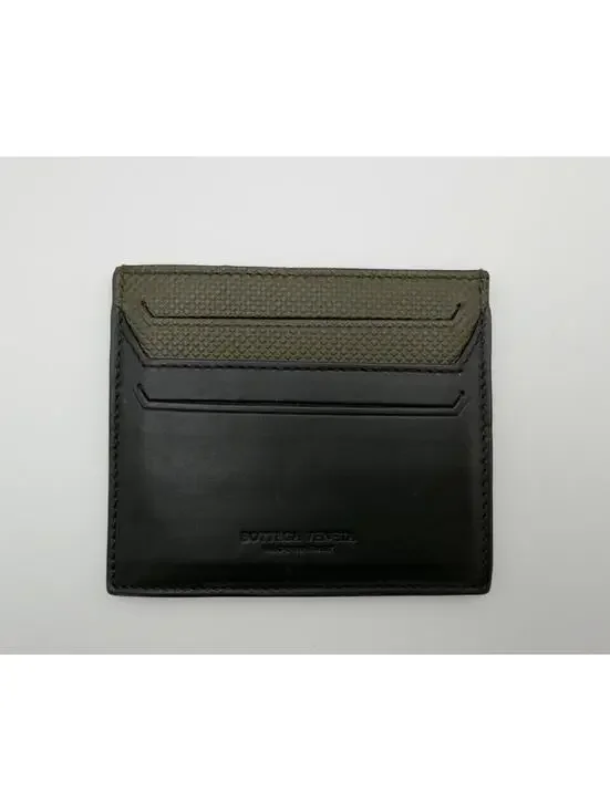 Authentic Bottega Veneta Black & Olive Green Leather Card Holder  Microchipped