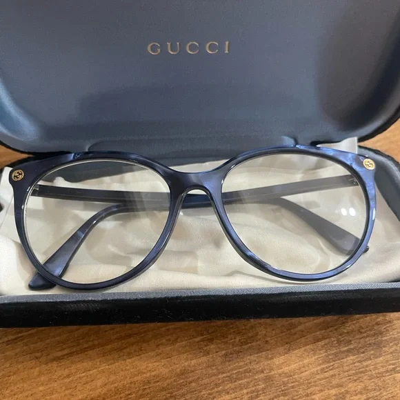 Gucci Navy Blue Round Acetate Glasses with Gold Accents