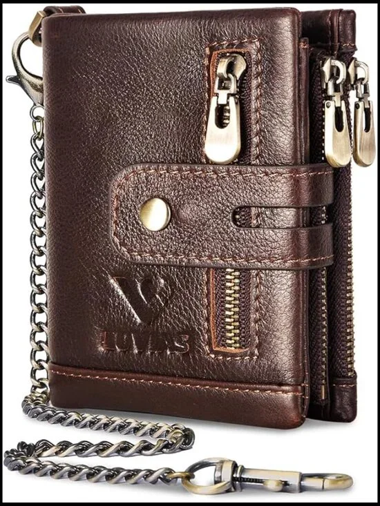 Mens Anti-Theft Chain Wallet Genuine Leather RFID Bifold Wallet with ID Window
