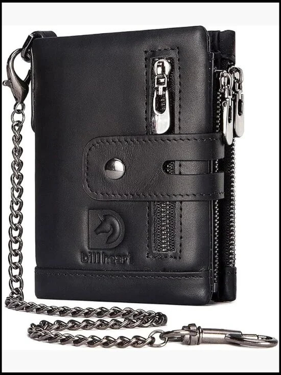 Mens Bifold Wallet with Chain RFID Blocking Genuine Leather Double Zipper