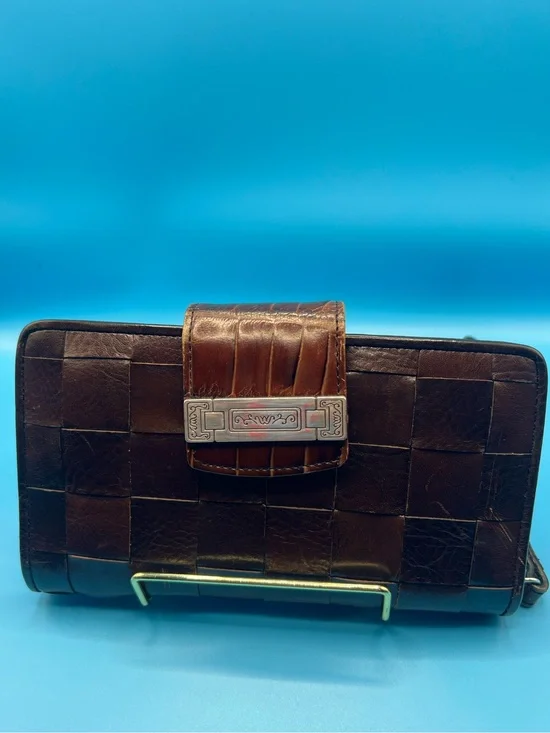 VTG Brighton Giverny Chocolate Brown Leather Basket Weave Wallet Clutch