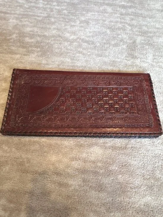 Handcrafted Embossed Leather Wallet Aztec Calendar Design Long Bifold Style