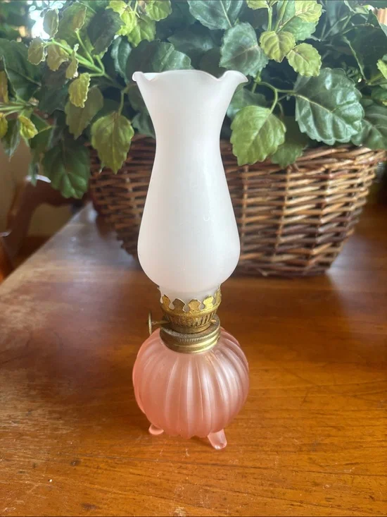 Vintage pink frosted pink rib design 3footed base miniature hurricane oil lamp