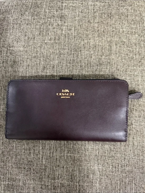 COACH Brown Leather Zip-Around Men's Wallet with Gold Logo