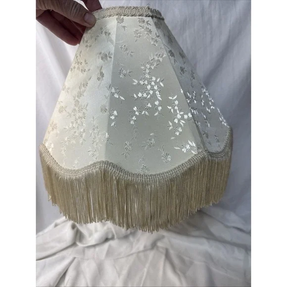 Vtg Victorian style brocade floral damask cream ivory LAMP SHADE fringe Boudoir