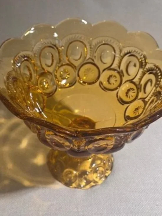 Vintage LE Smith Amber Glass Moon and Stars Flared Pedestal Compote Bowl 7.5