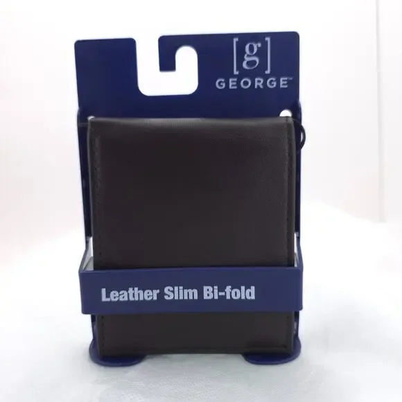 George Men’s Leather Slim Bi-Fold Wallet Brown NWT Classic Pocket Billfold