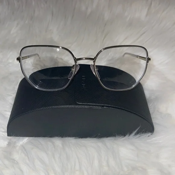 Prada Silver Metal Rim Clear Lens Glasses