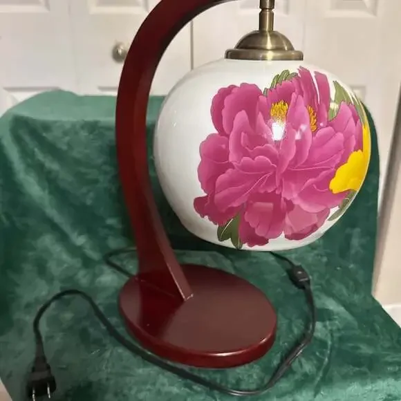Vintage Hand-Painted Floral Porcelain Hurricane Lamp with Round Globe and Metal