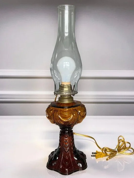 Vintage Coolidge Style Amber Glass Kerosene Lamp Converted to Electrical Supply